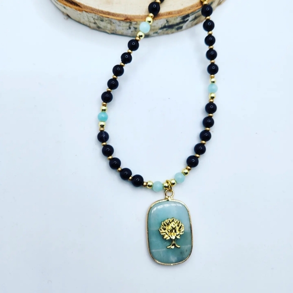 Black Agate ,Amazonite Tree of Life necklace 6 mm - Picture 5 of 6